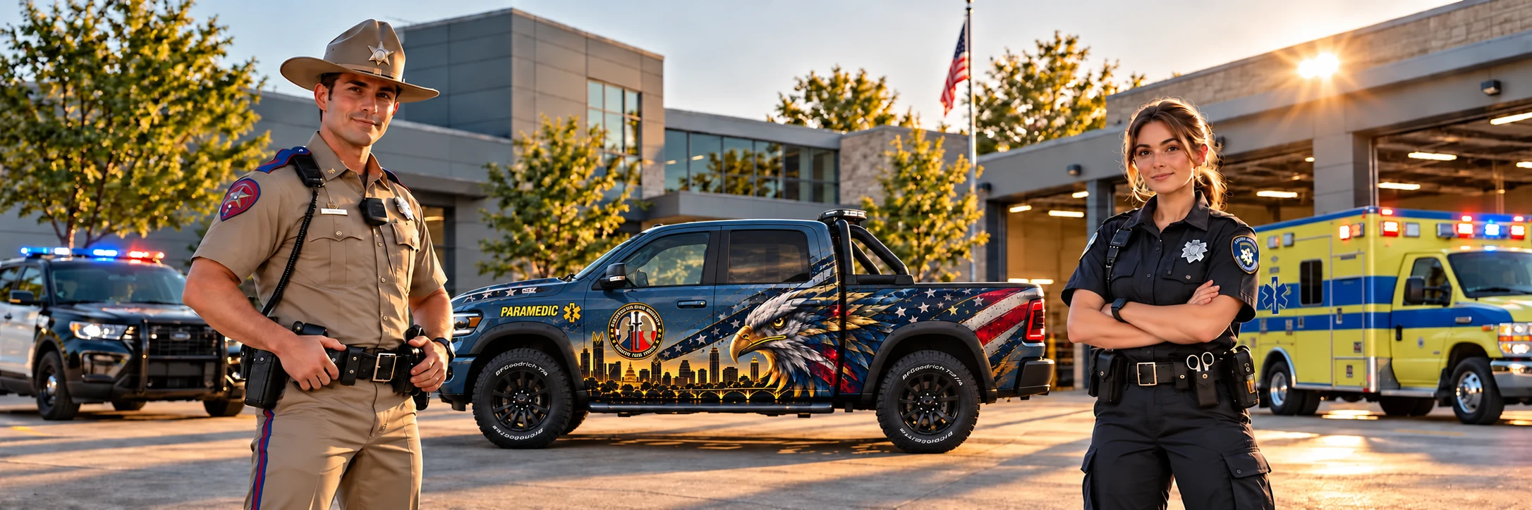 Texas-Polizist, Paramedic und Dodge RAM zwischen Polizeiwagen und gelb-blauem Rettungswagen